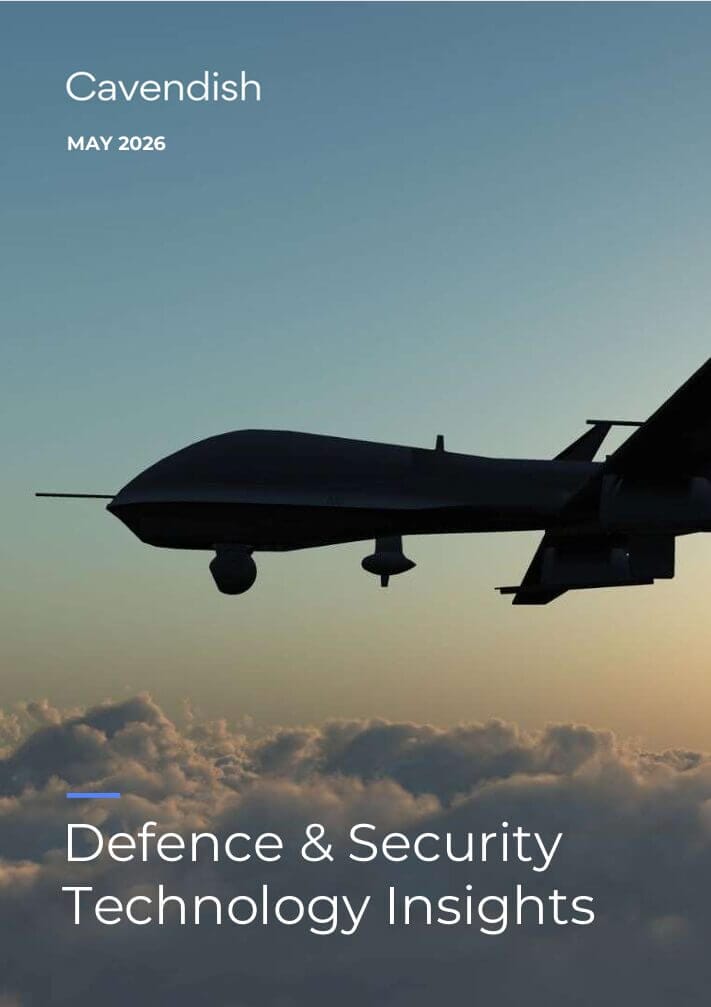 Silhouette of a military aircraft flying above clouds at sunset, with the text 'Cavendish' 'MAY 2026' and 'Defence & Security Technology Insights'.